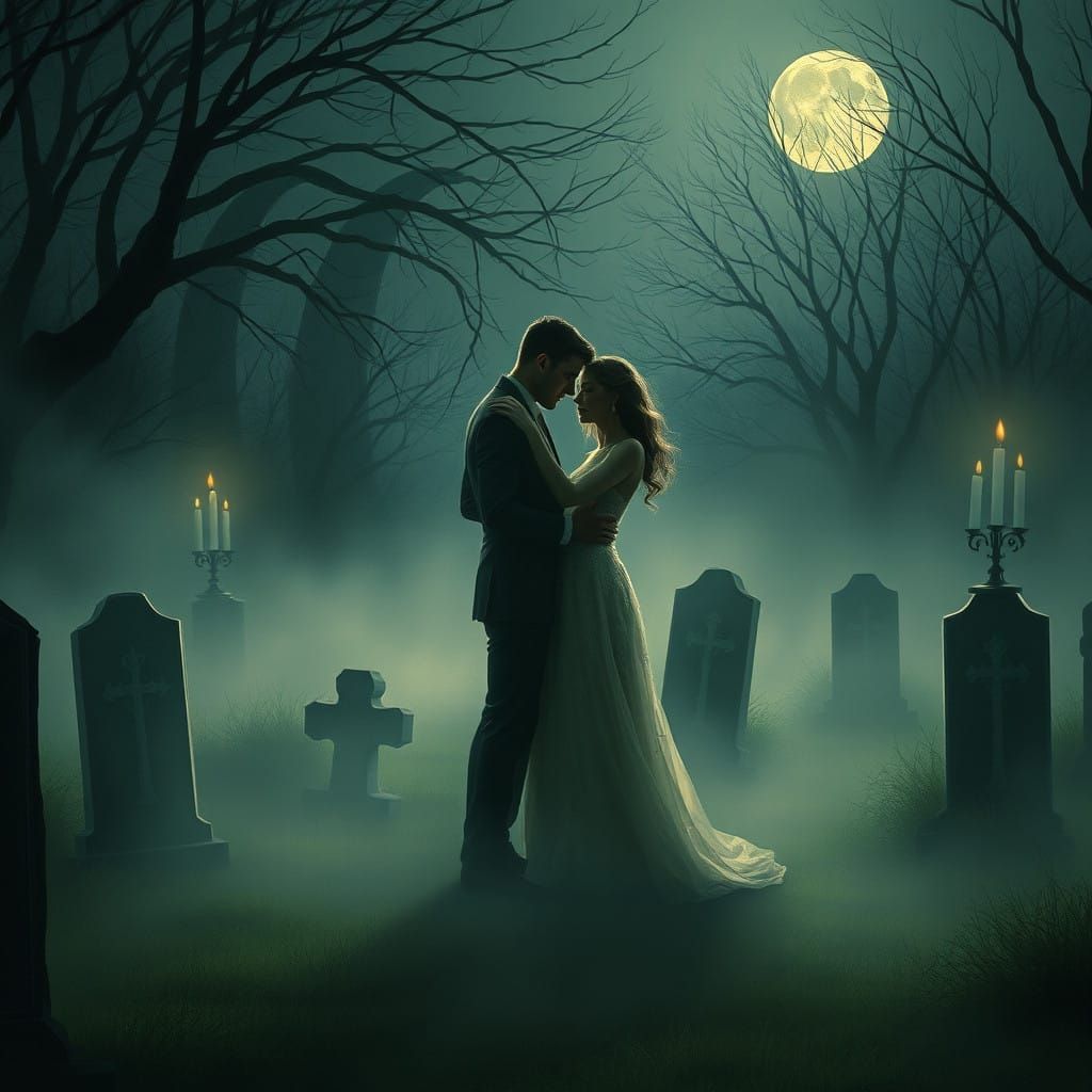 Ethereal Couple Dancing Under Moonlit Graveyard Skies