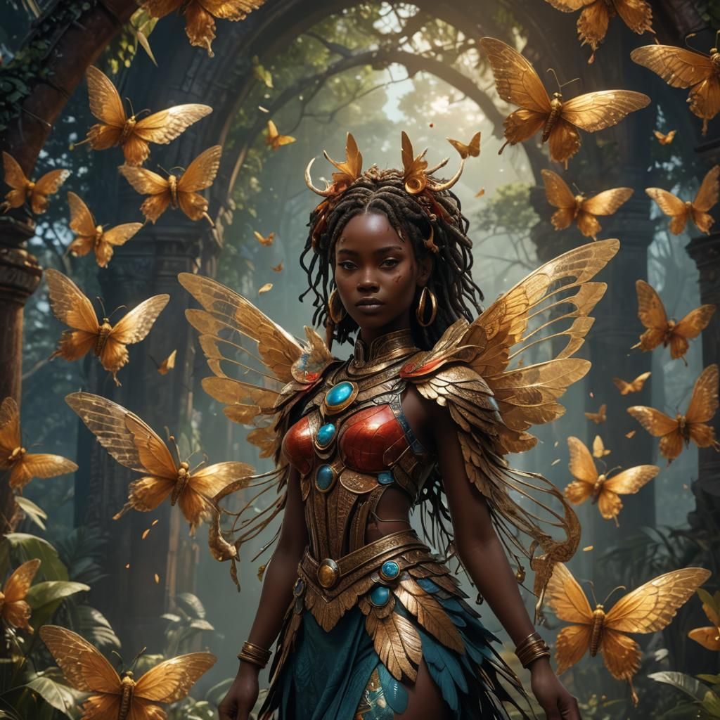 African Angel-Girl with Wings, Detailed Matte Painting