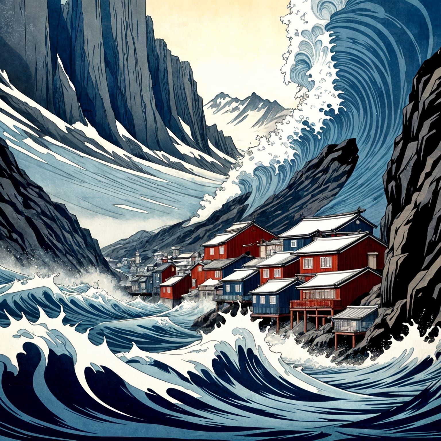 Greenland Seiche Engulfs Fjord in Ukiyo-e Style
