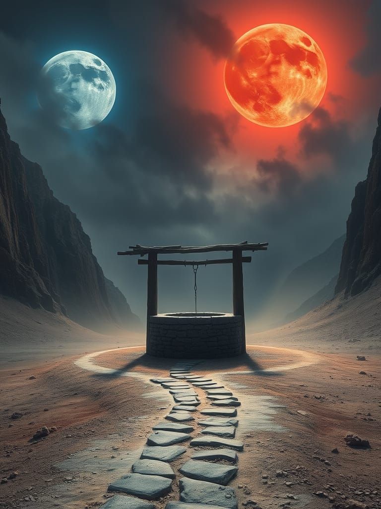 Ancient Ruined Well Amidst Steep Rocks in Ethereal, Mystical...