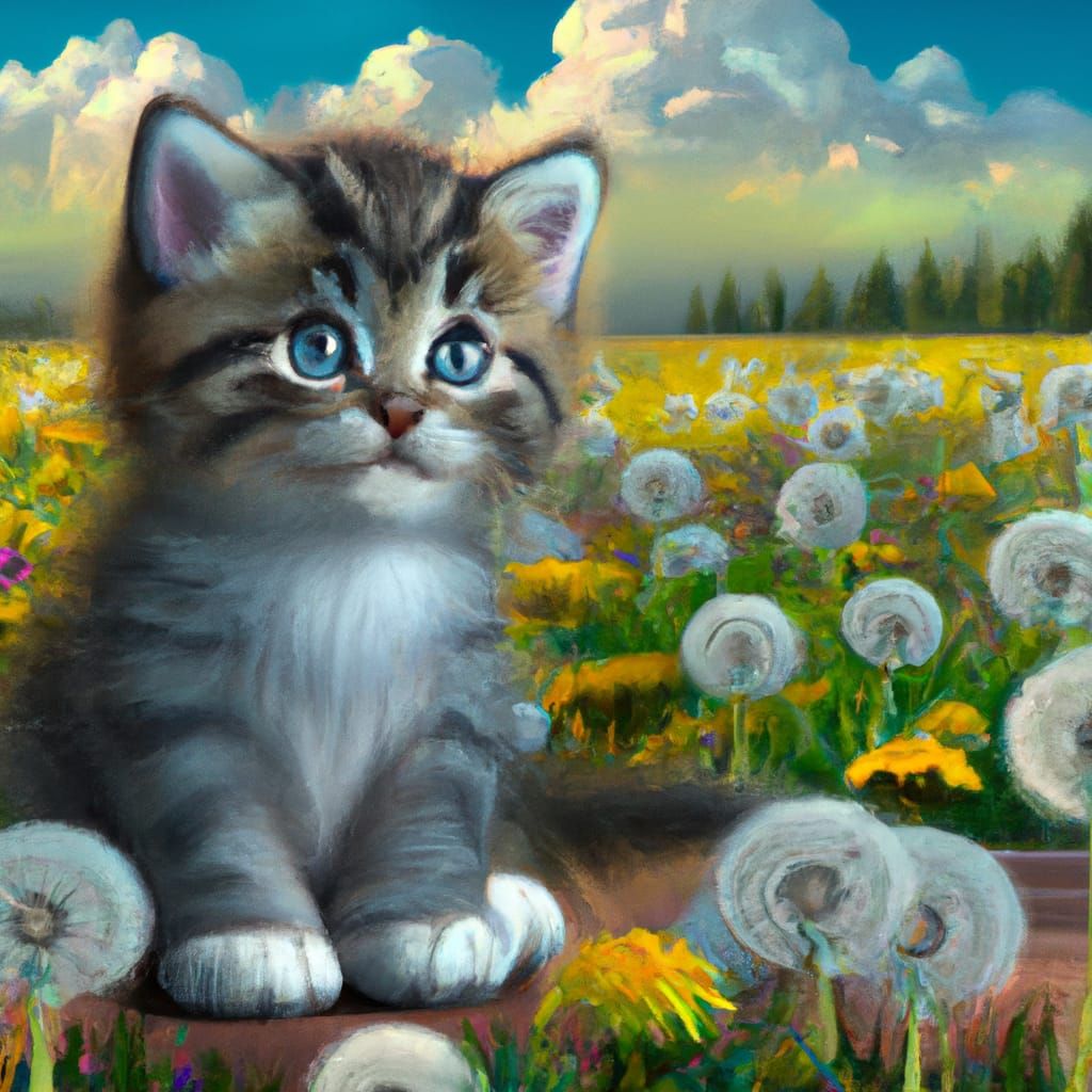 Kitten in Dandelions: Photorealistic Fantasy Art