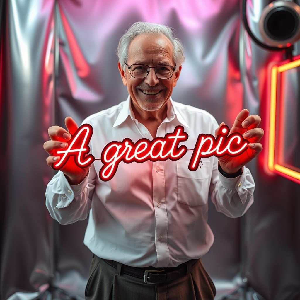 Confident Businessman in Retro-Futuristic Photo Studio