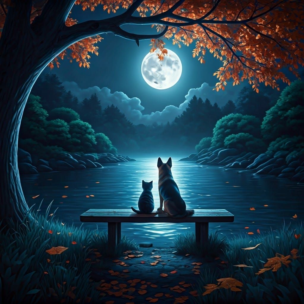 Peaceful Autumn Night with Kitten and Dog