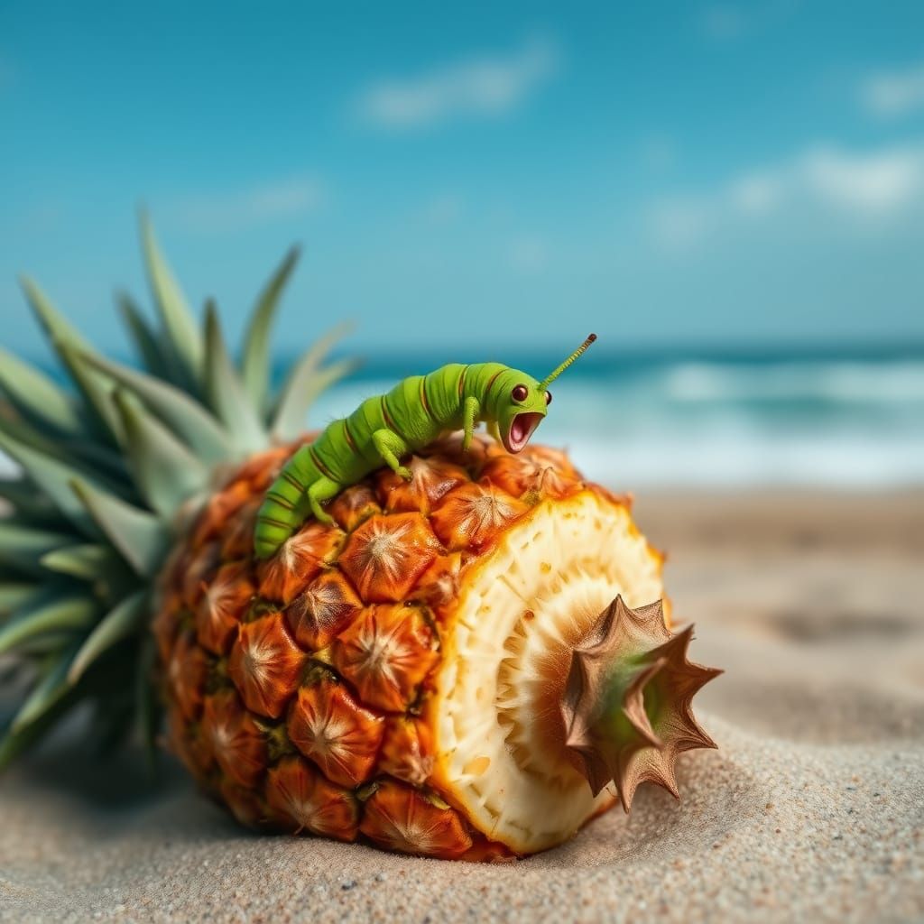 Excited Caterpillar Crawling Over Pineapple on Beach