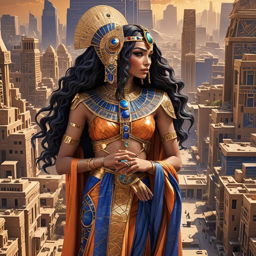 Futuristic Cleopatra in Glowing Gown