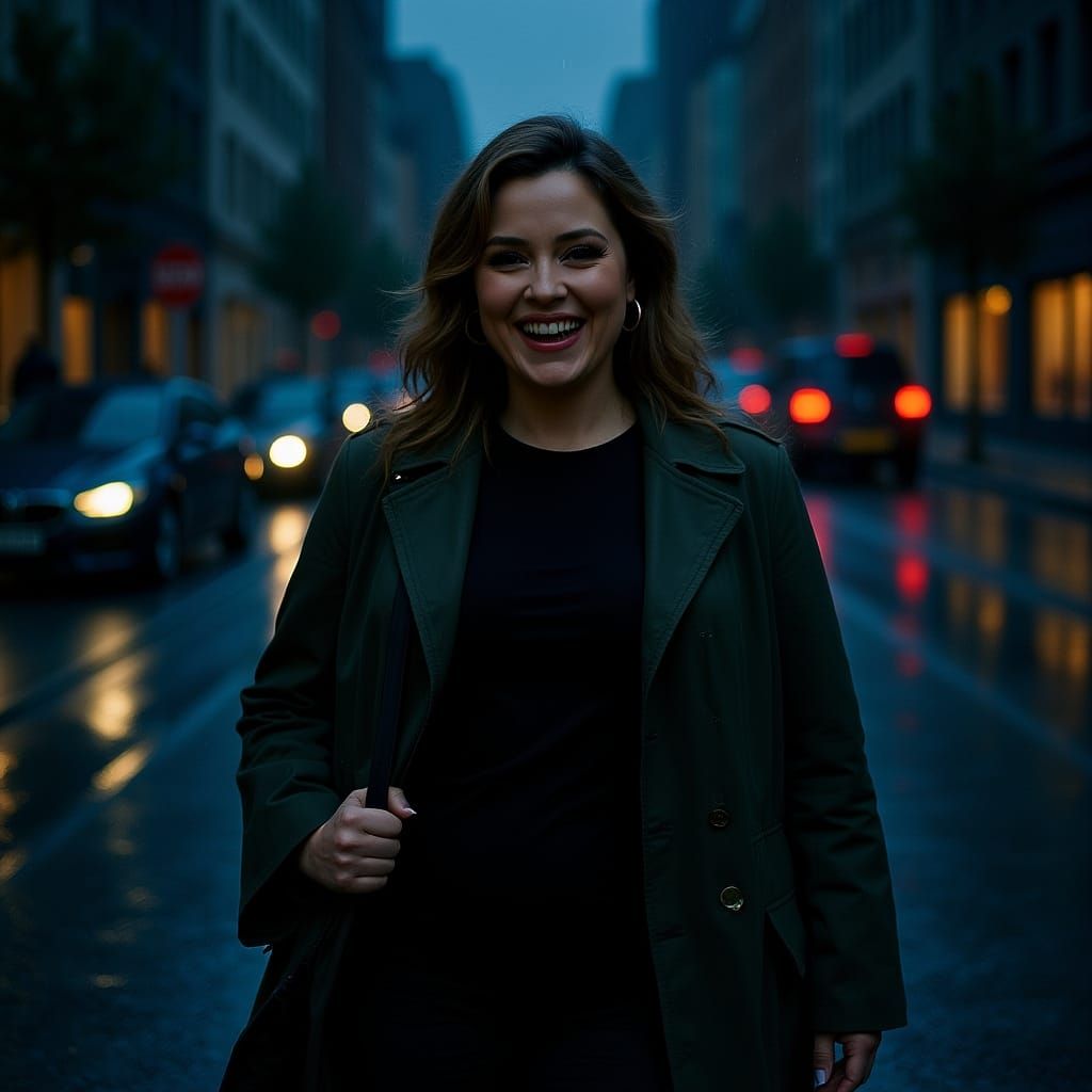 Rainy City Street: Hyperreal Woman in Raincoat