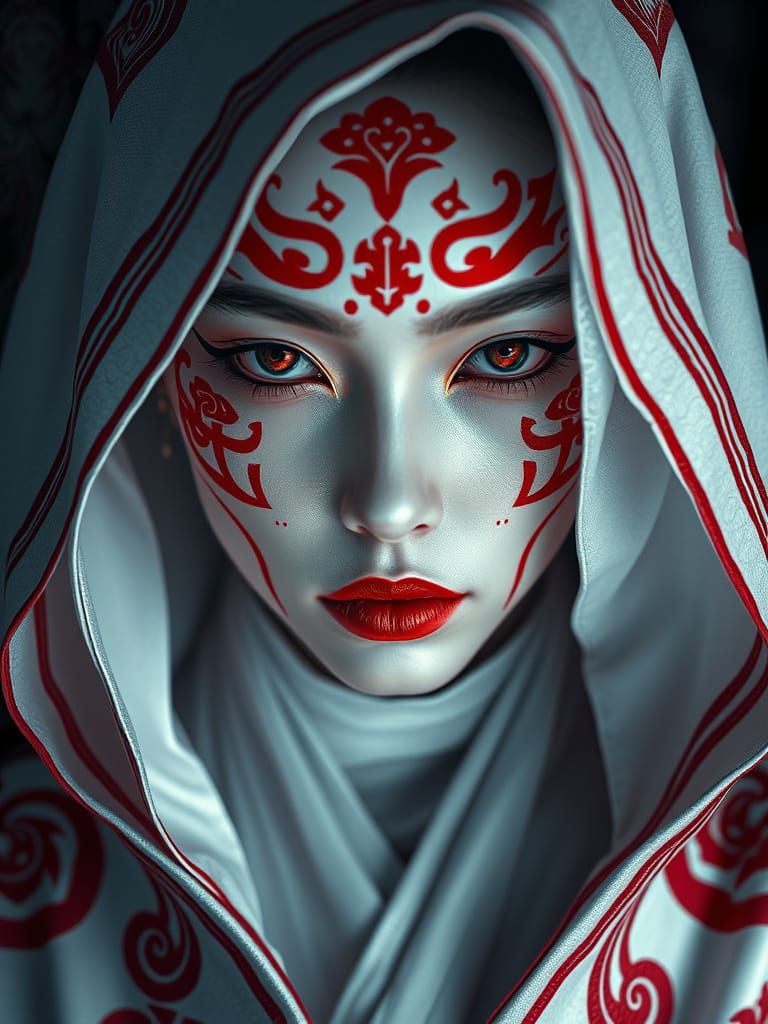 Mystical Asian Priestess with Glowing Crimson Eyes