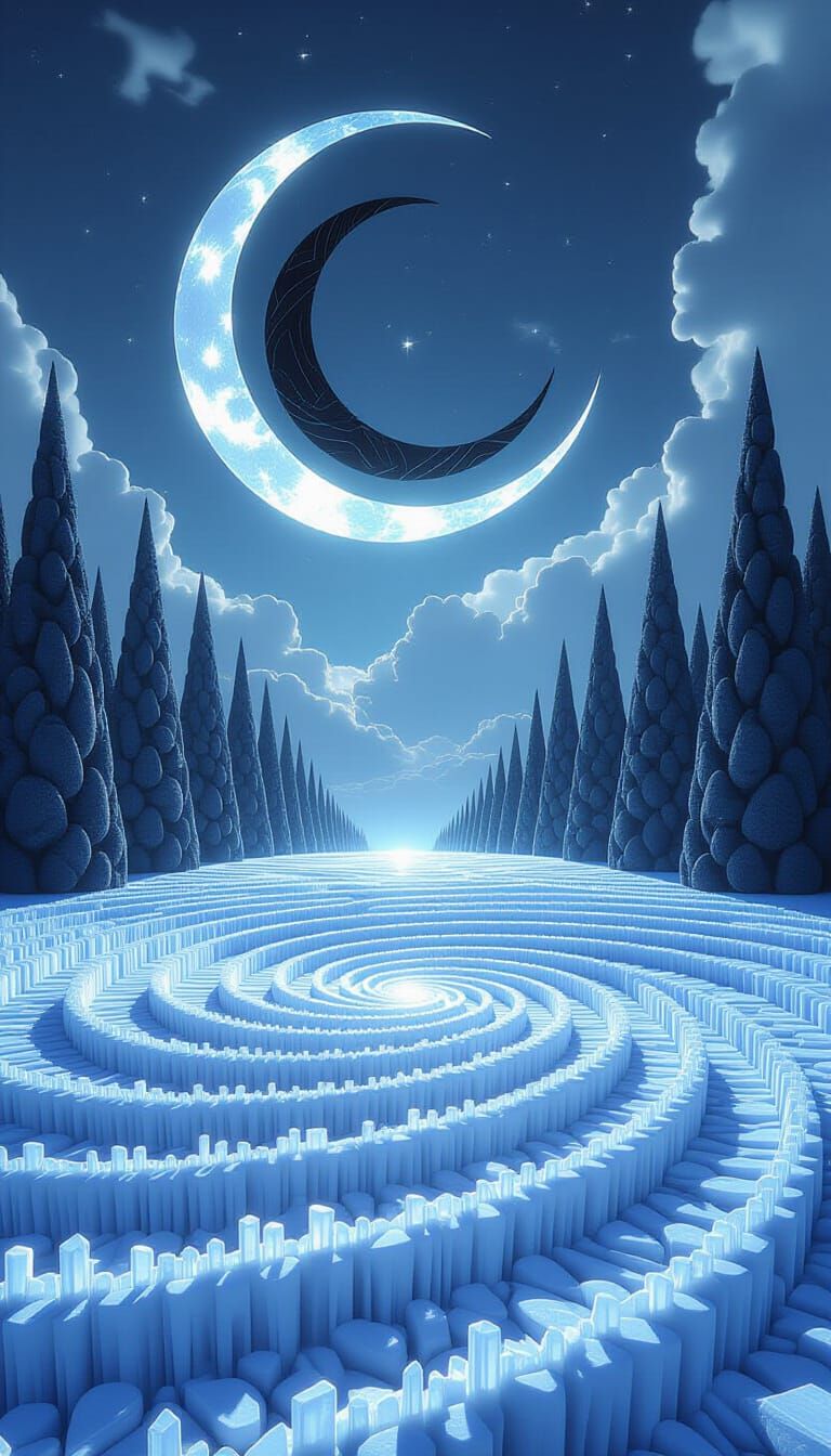 Surreal Ice Landscape with Marble Trees and Moon