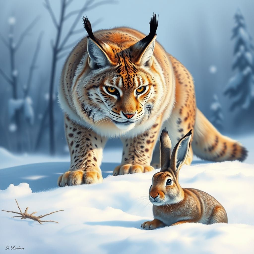 Lynx Hunting Hare in Winter Landscape Art