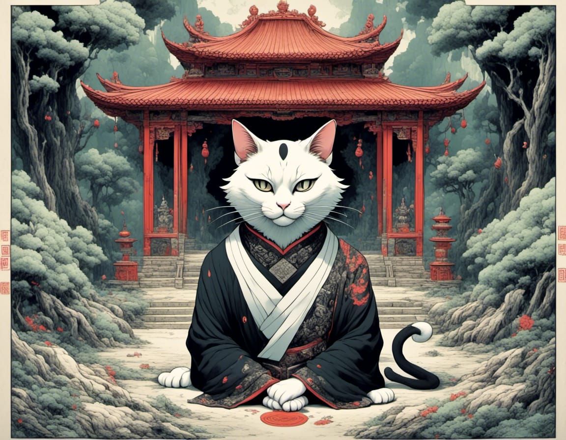 Anthropomorphic Cat Wielding Magic in Daoist Temple