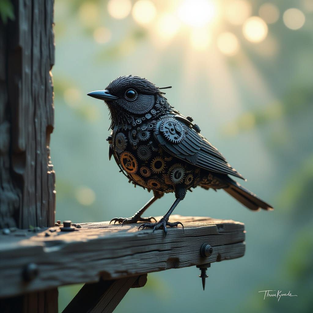 Intricate Clockwork Bird on Wooden Beam