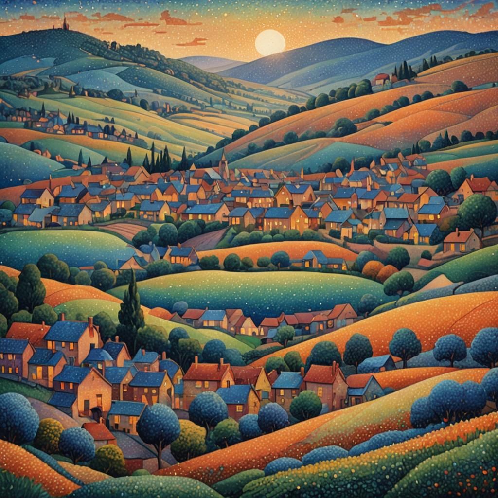 Pointillist Village Landscape in Twilight Glow