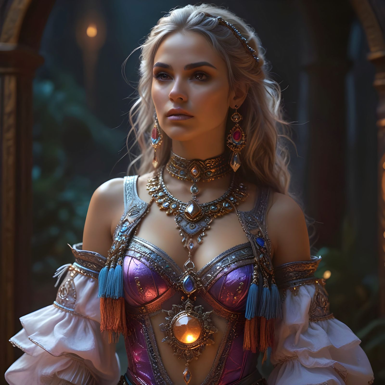 Hyperrealistic Portrait of a Futuristic Gypsy Woman in a Dar...