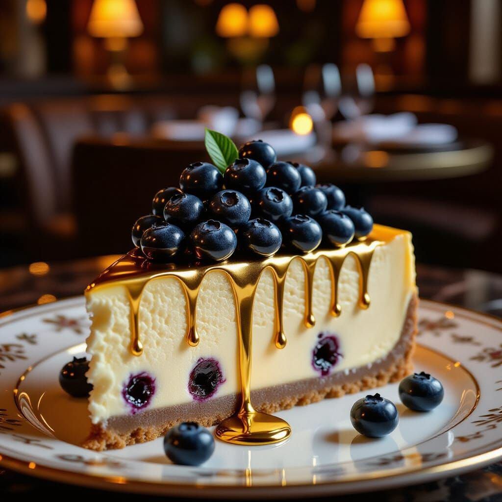 Decadent Cheesecake with Blueberries and Gold Sauce