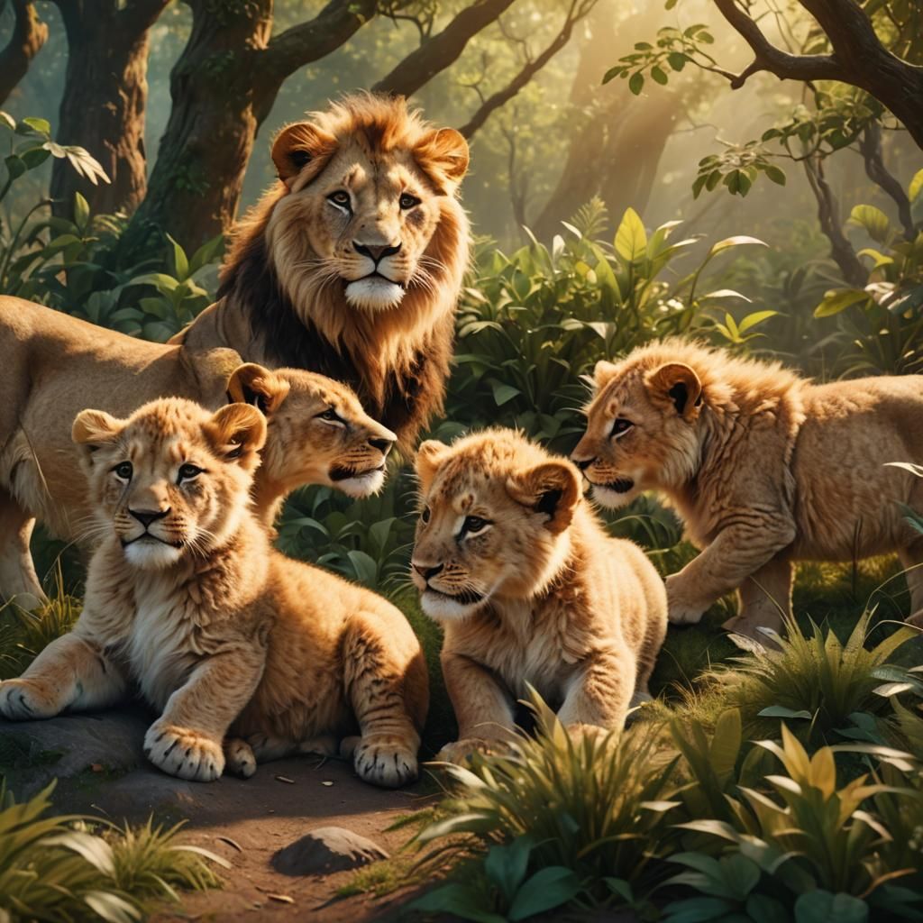 Lion Cubs Playing in Golden Light: Digital Painting