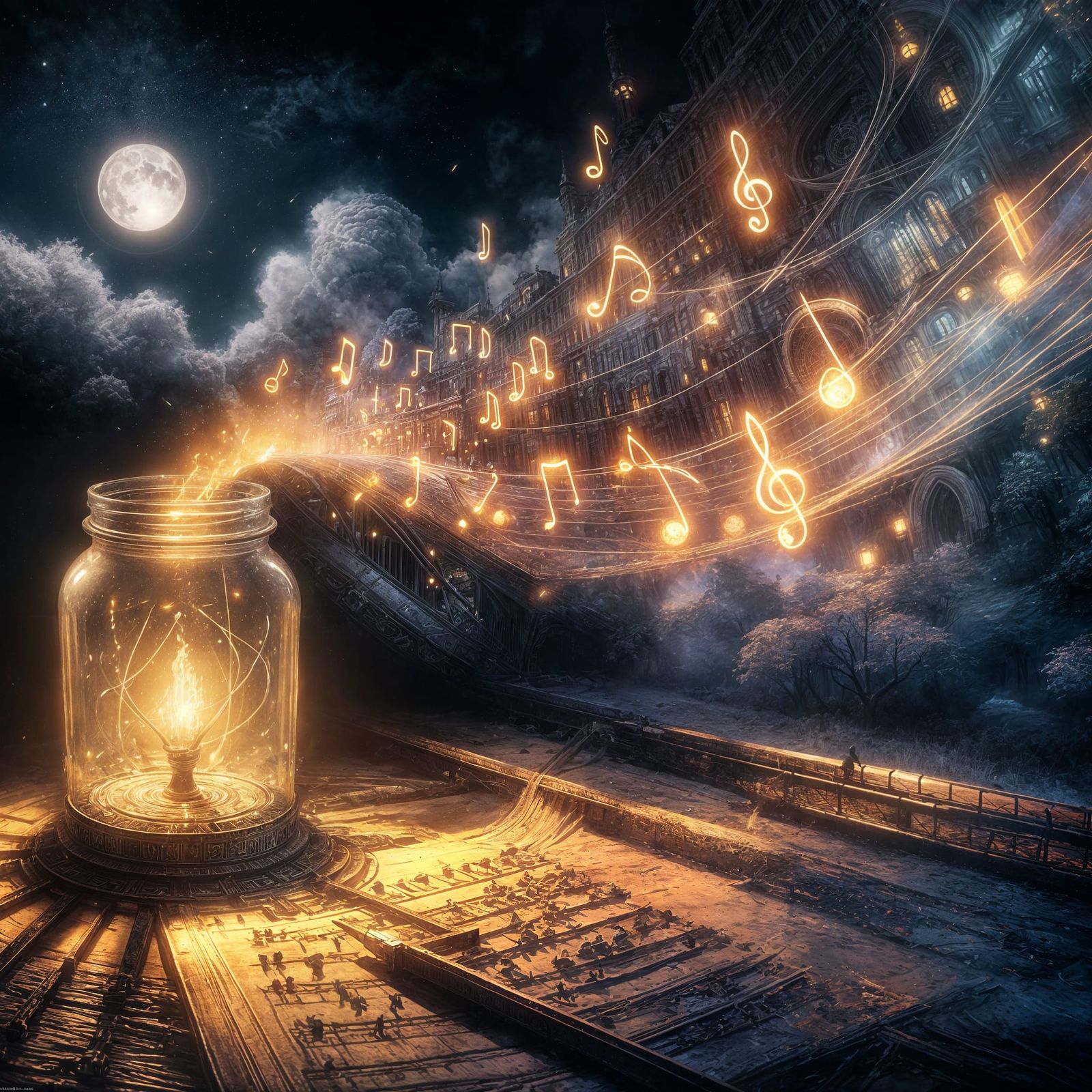 Ethereal Fantasy Night Scene in Charcoal Drawing