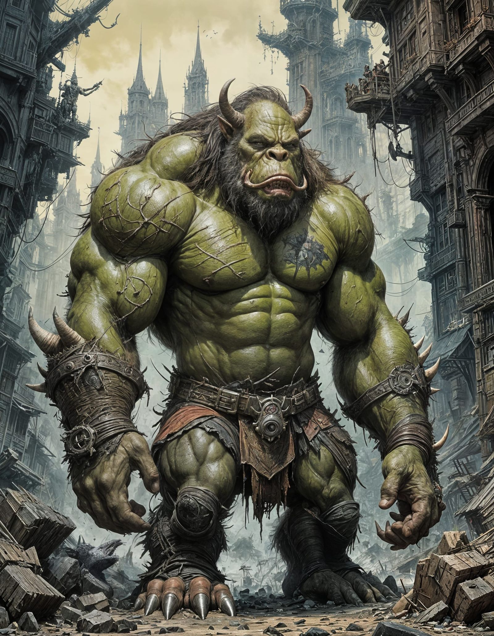 Muscular Ogre Posing in Crayon Caricature Style