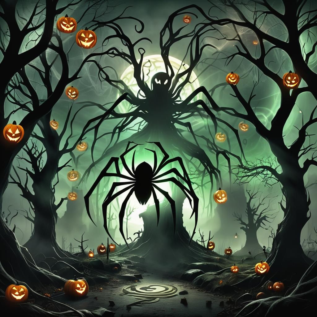 Ghostly Cybernetic Spider Logo in Haunted Landscape