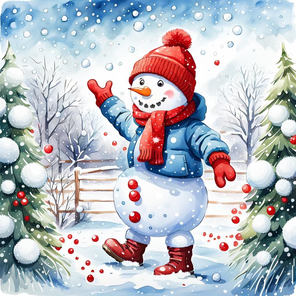 Joyful Snowman in Winter Wonderland: Watercolor Style