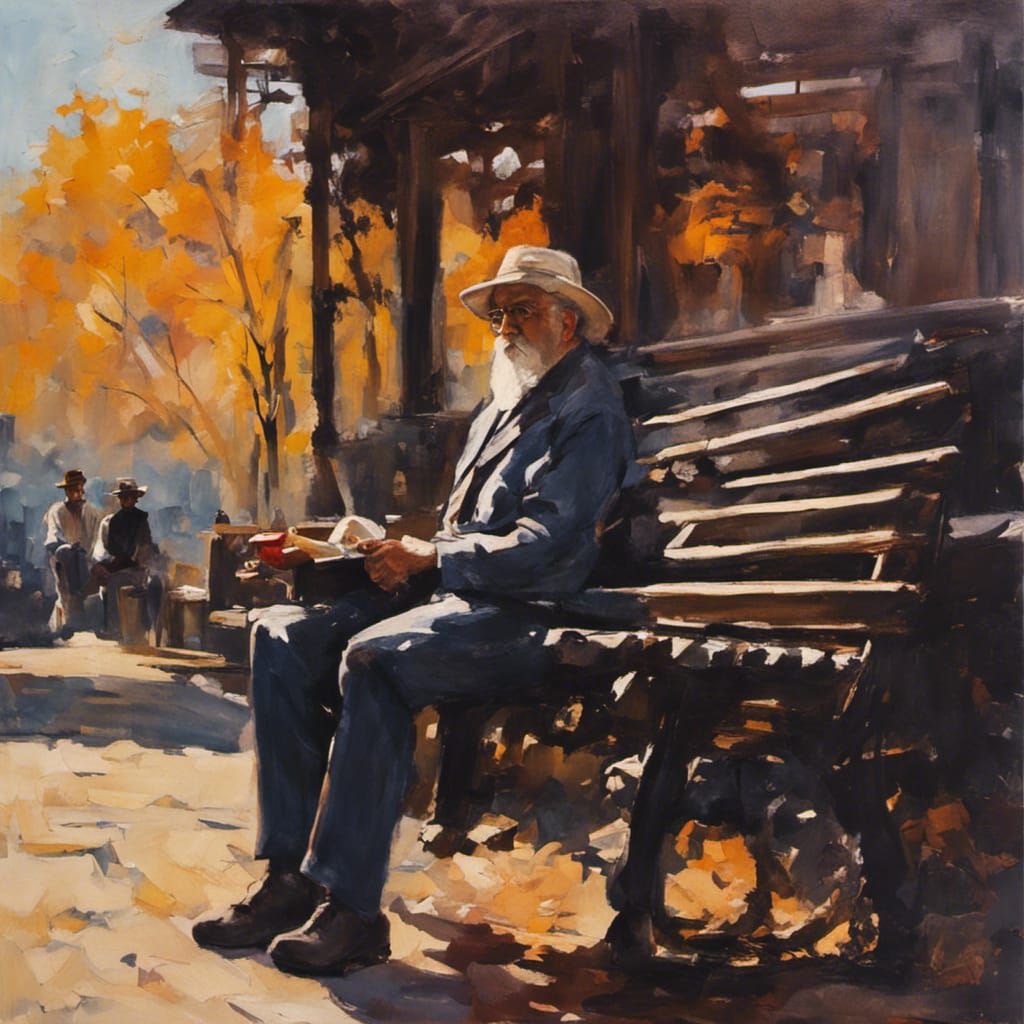 Man Feeding Pigeons at Sunset: Impressionist Acrylic Paintin...
