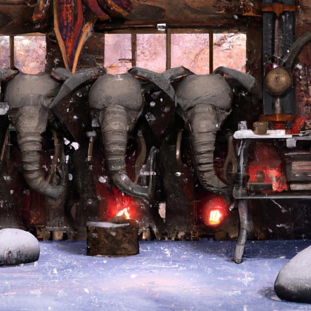 Anthropomorphic Elephants in Cabin with Steampunk Engine