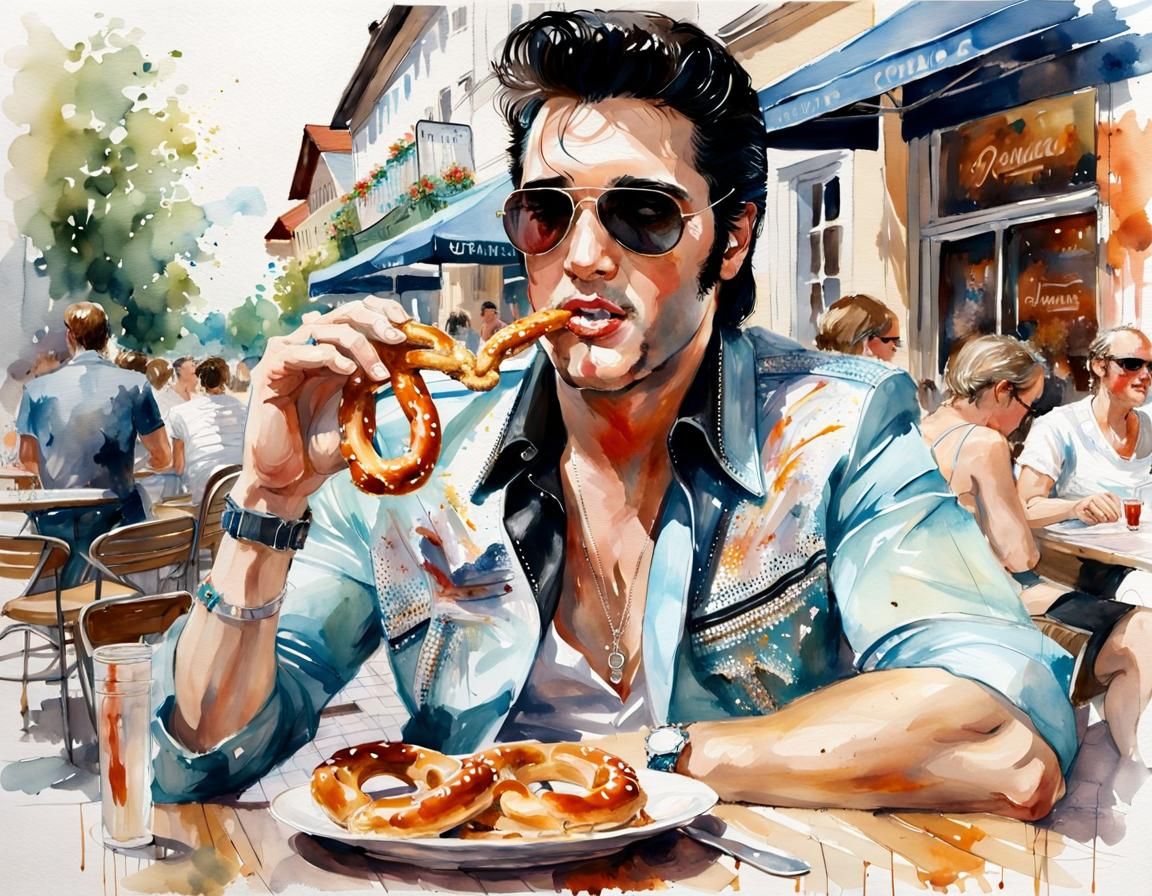 Elvis Presley Enjoying Pretzel in Lively Bavarian Cafe