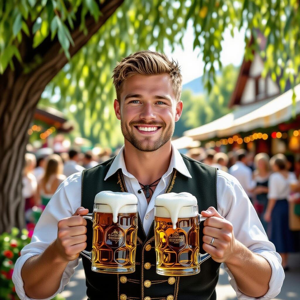 Smiling Nordic Man in Tracht Suit with Oktoberfest Beer