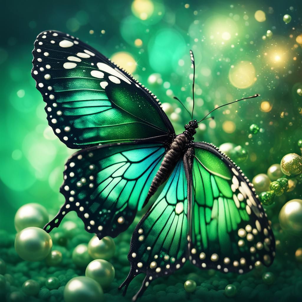 Emerald Butterfly with Pearls, Hyper-Realistic Concept Art