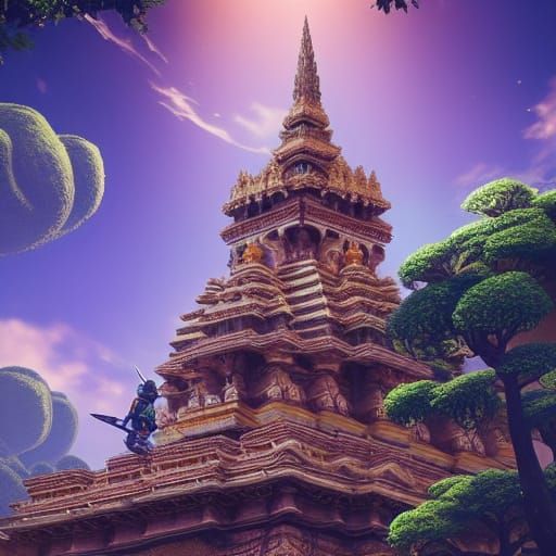 Colossal Hindu Temple in Lush Jungle, Ghibli Style