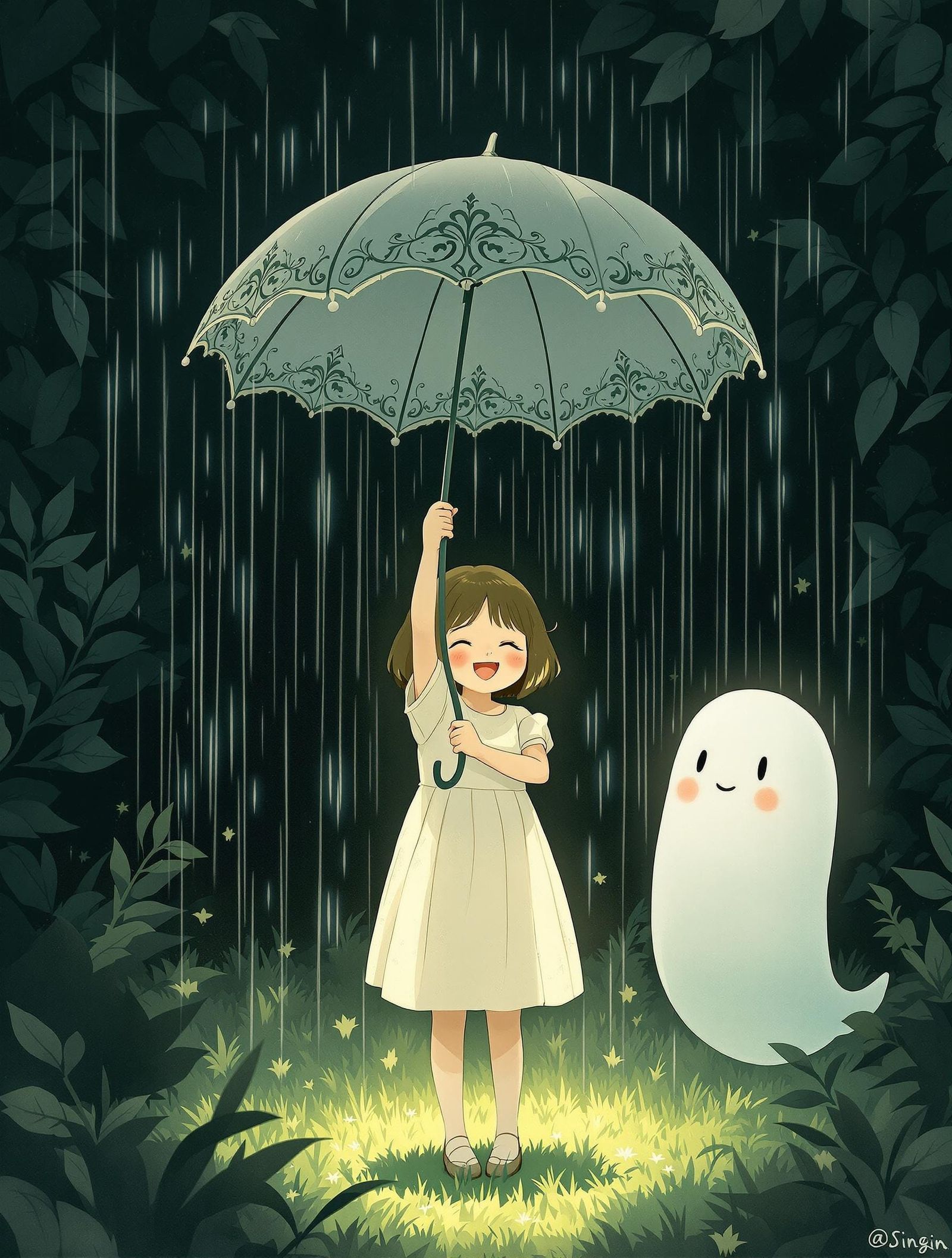 Whimsical Girl Under Rainy Umbrella in Dreamy Landscape