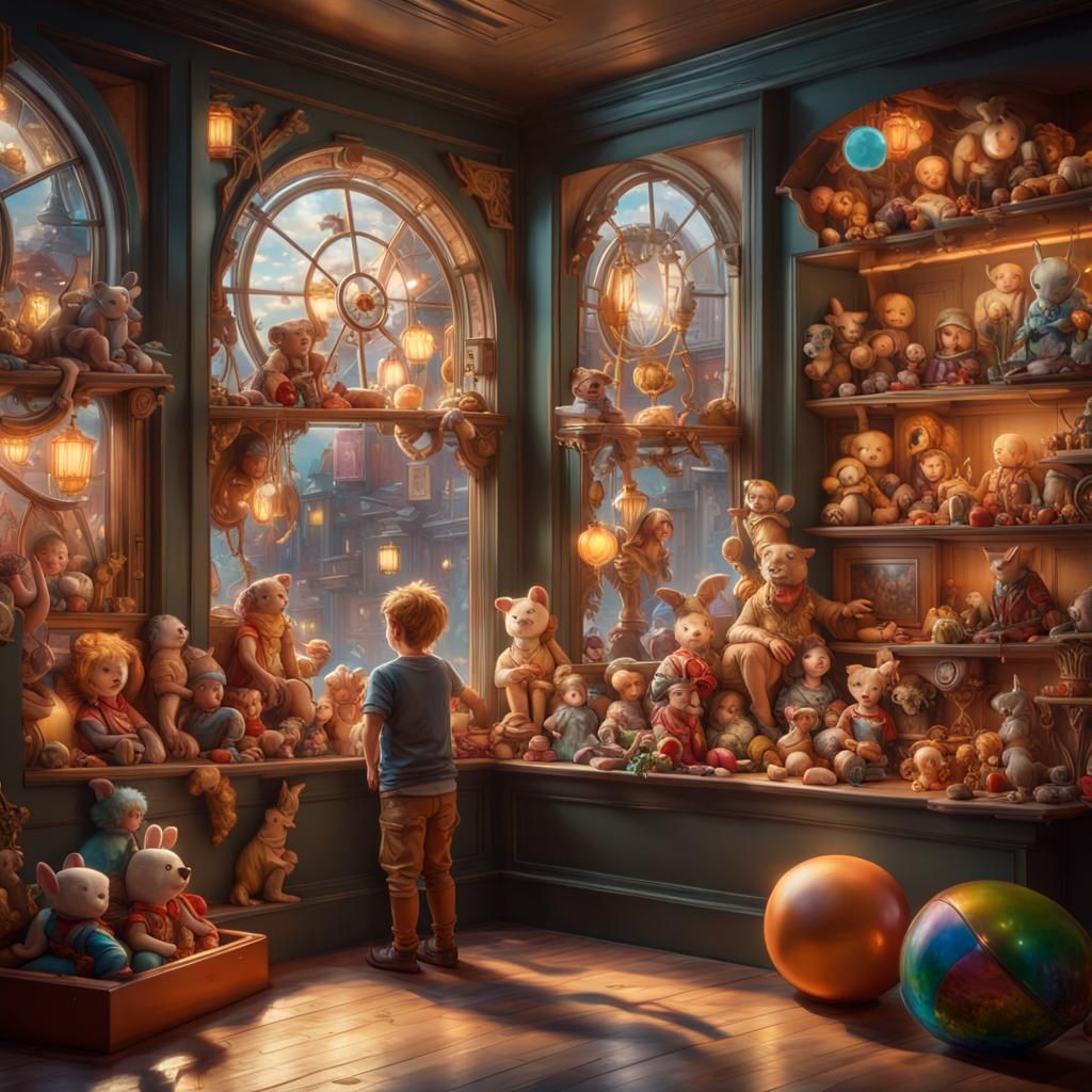 Magical Toy Shop Window Display in Impasto Style