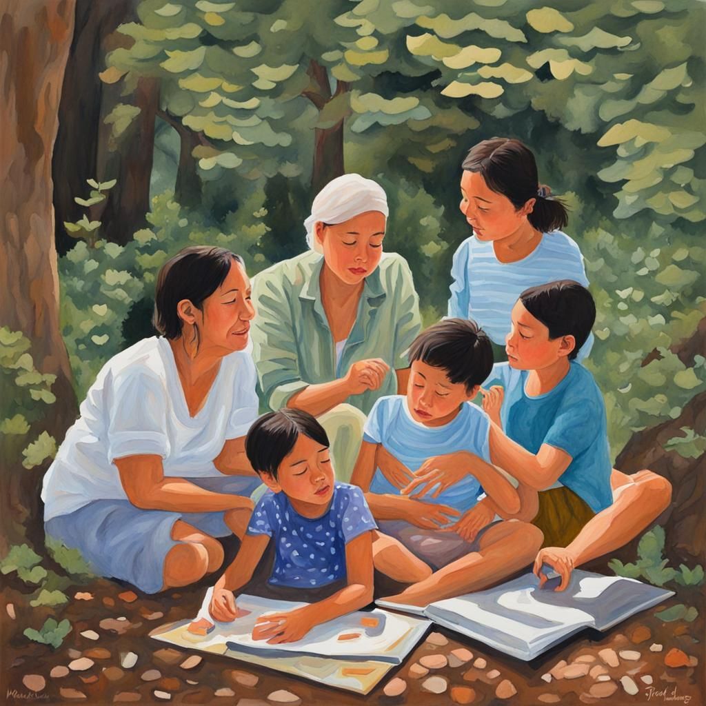 Detailed Gouache Painting of Families Sharing Stories