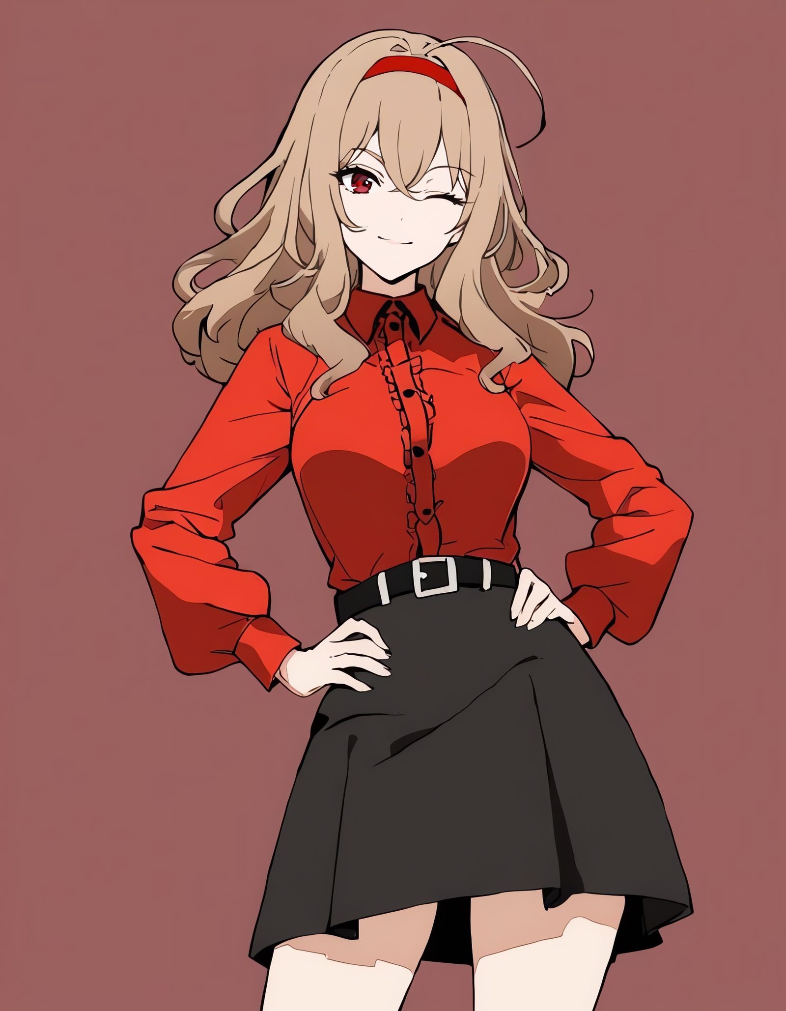 Anime Girl in Red Dress Shirt and Black Skirt