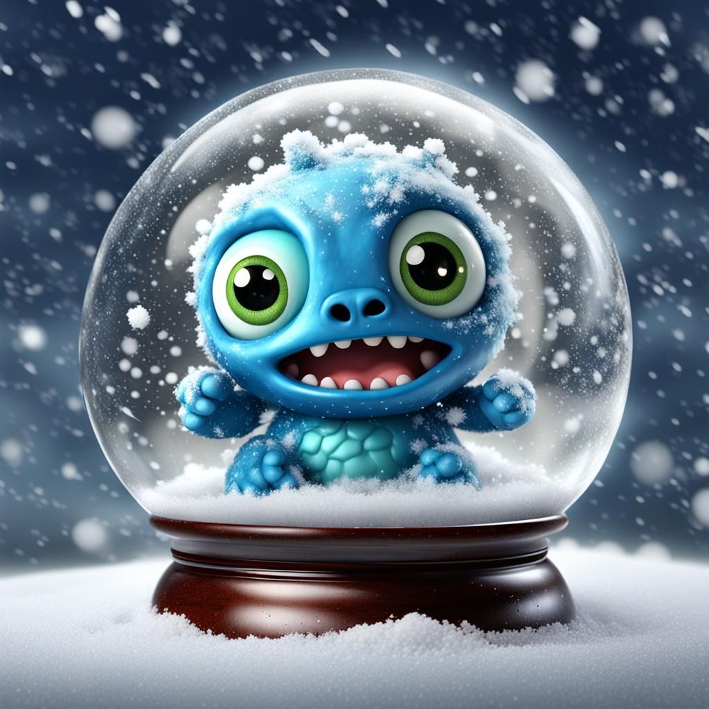 Chibi Monster in Snow Globe, Pixar Style