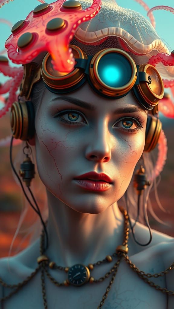 a surreal and vibrant cinematic photo of an ethereal cyberne...