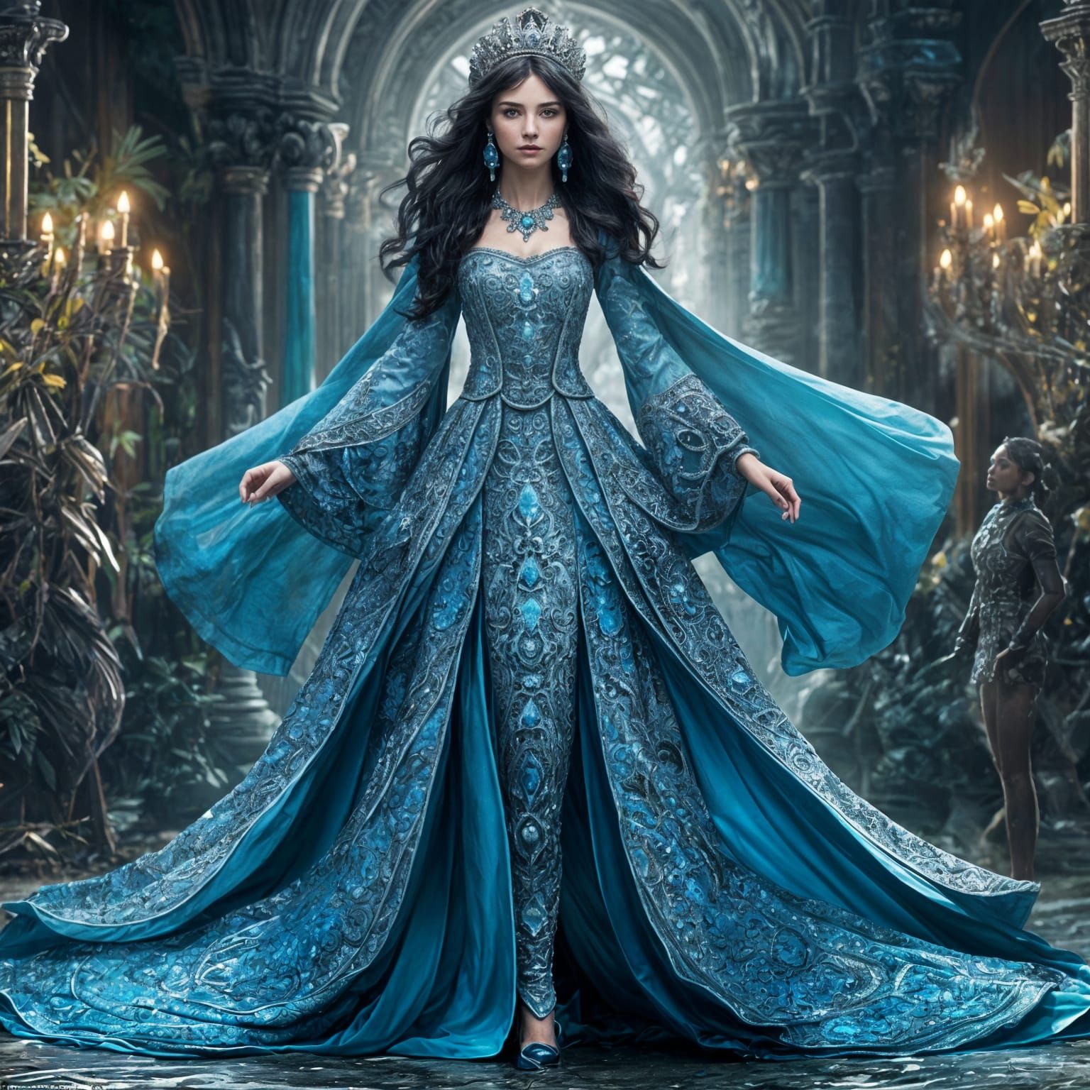 Hyperrealistic Black-Haired Princess in Blue Dress