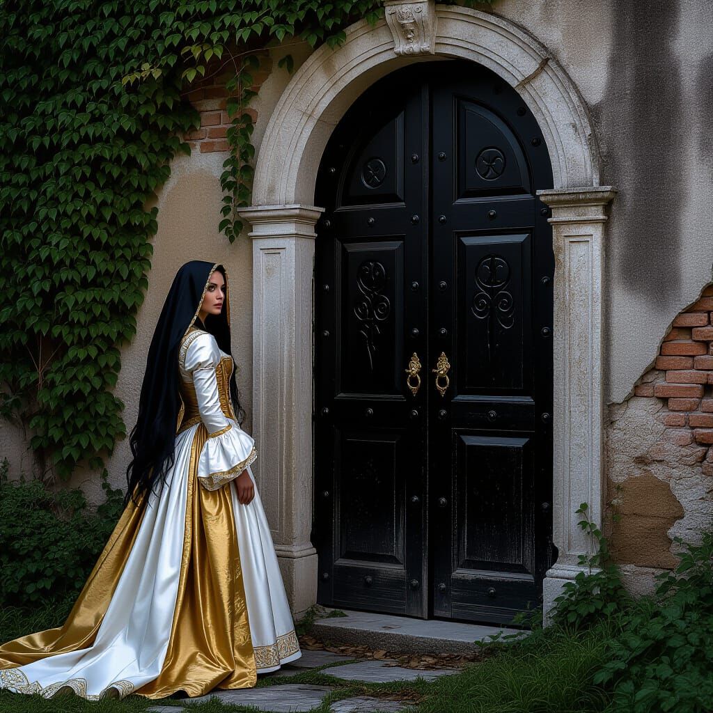 Italian Woman and Ebony Door in Abandoned Garden