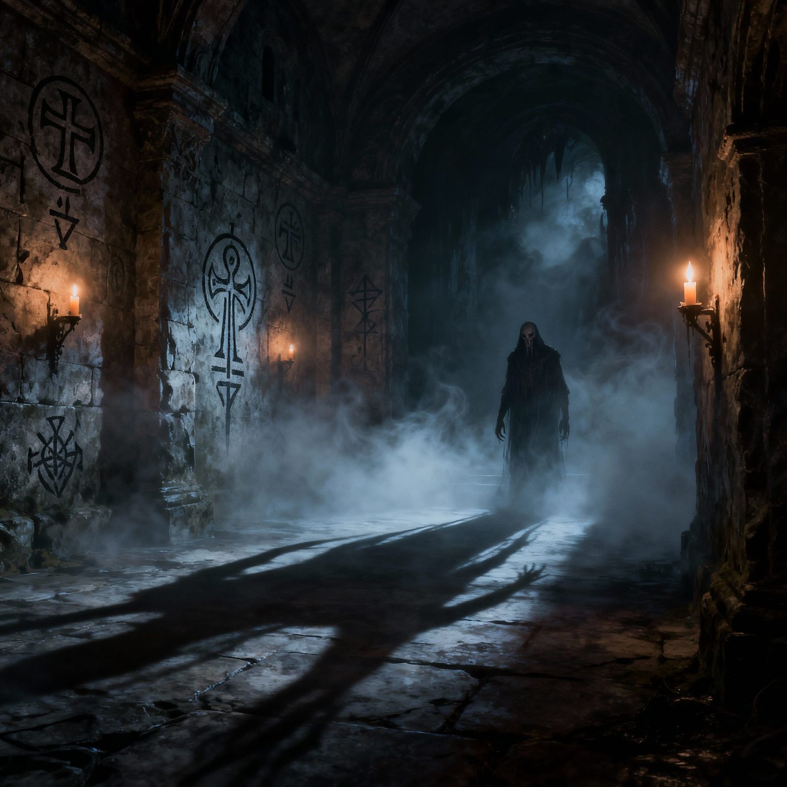 Sinister Crypt Scene with Ethereal Mist and Dramatic Shadows
