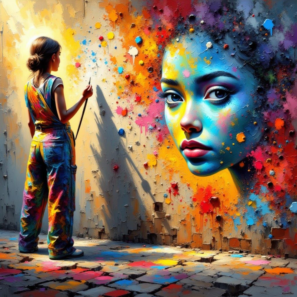 Artist Paints Vibrant Abstract Mural in Golden Hour Light