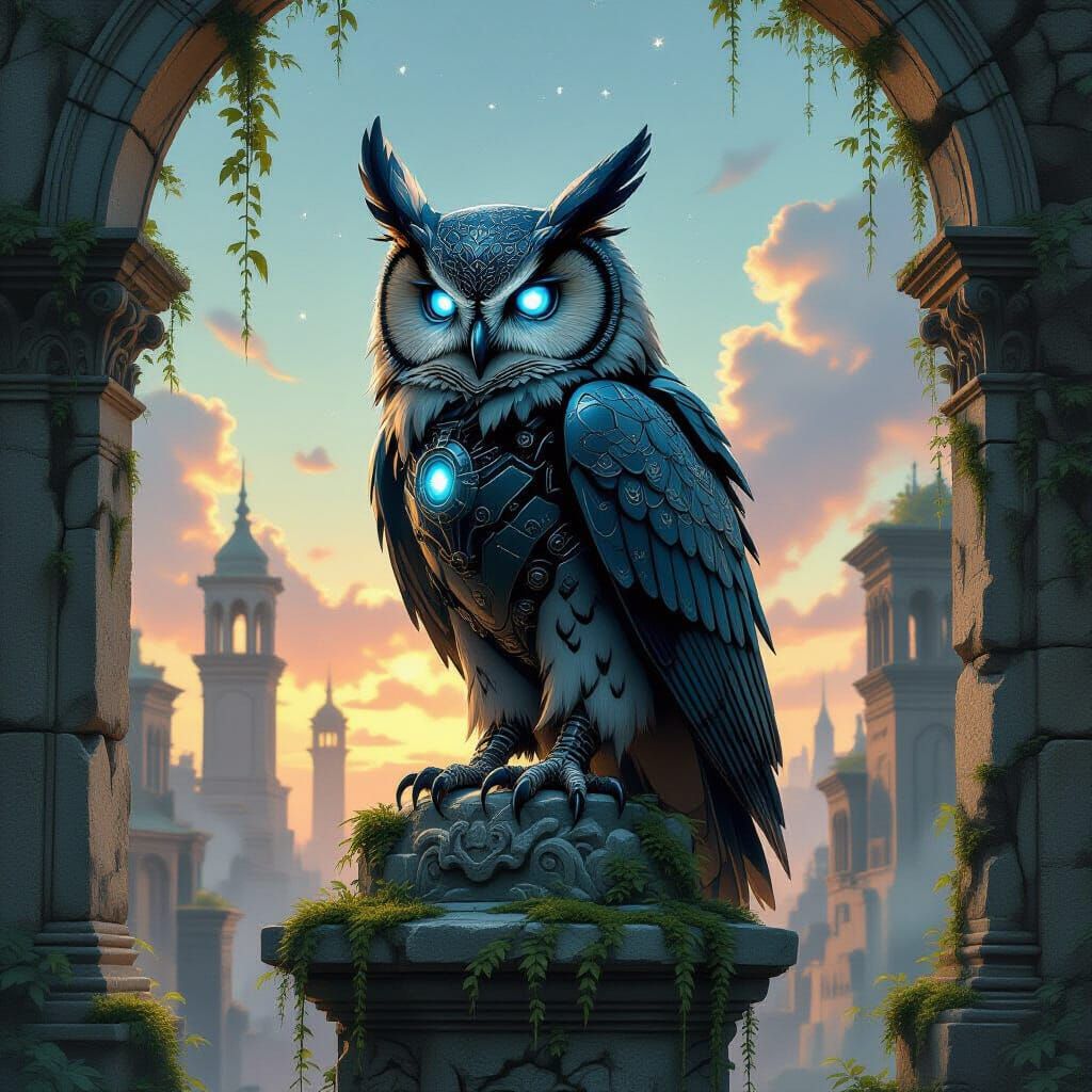 Mechanical Owl with Sapphire Eyes on Crumbling Statue