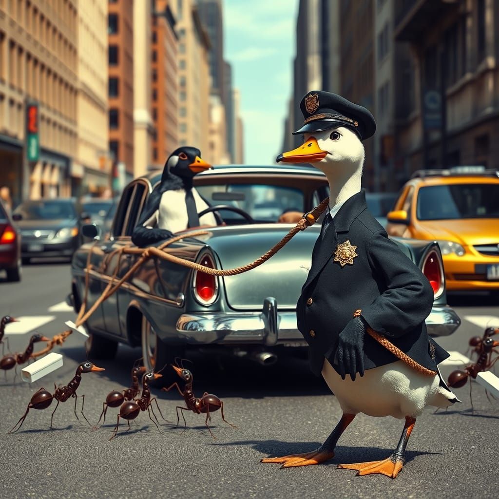 Penguin's City Driving Troubles: A Surreal Scene