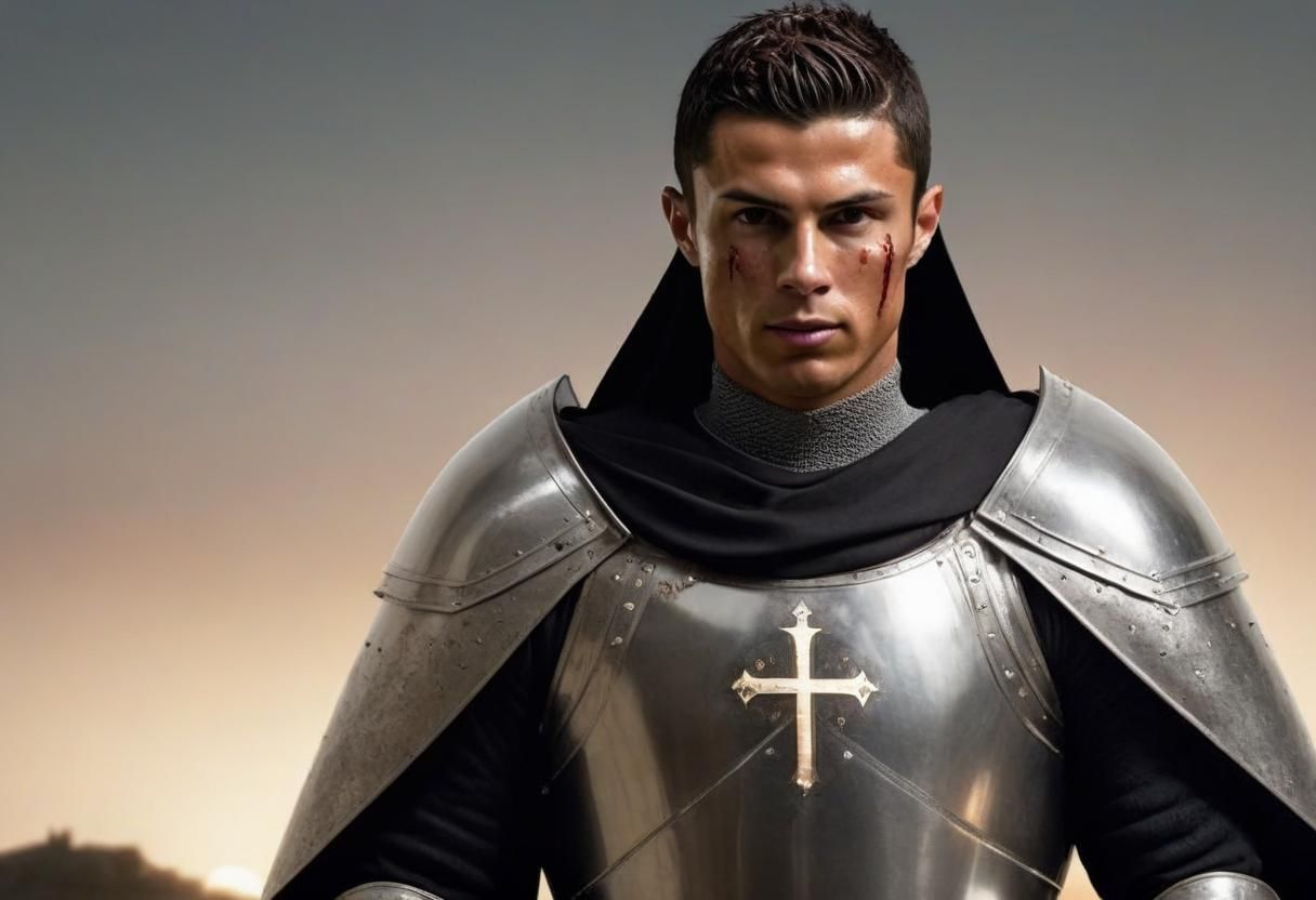 An image of Cristiano Ronaldo Full body shot as knight templar, visible face, no helmet on (Knights Templar great helms ...