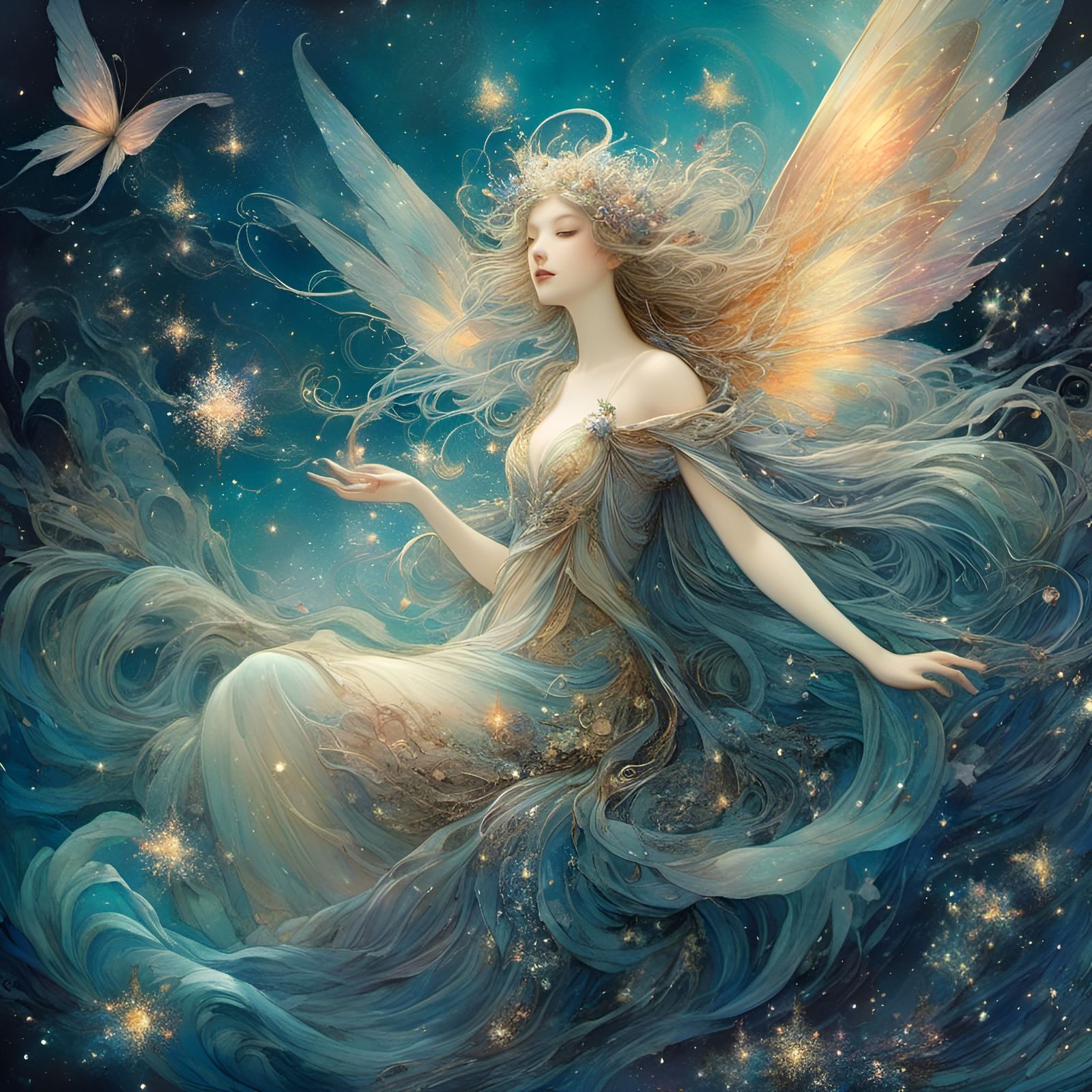 Whimsical Fairy of Water and Stars Digital Painting