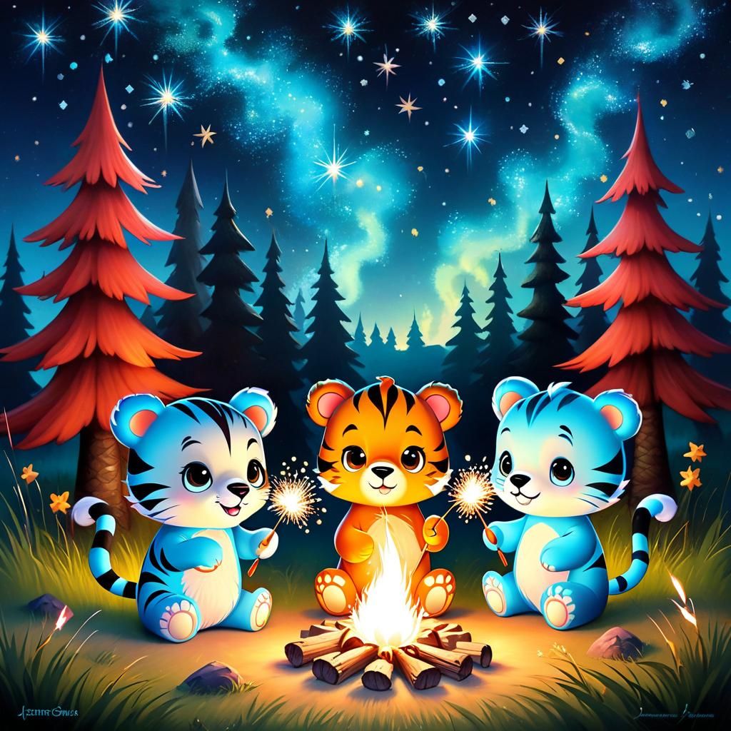 Starry Fire: Tiger Cubs with Sparklers