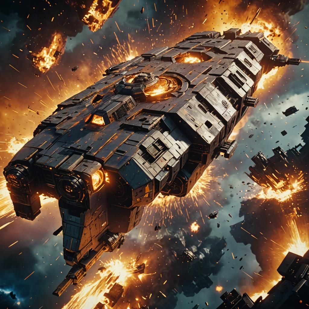 Exploding Spaceship in Fiery Vortex of Debris