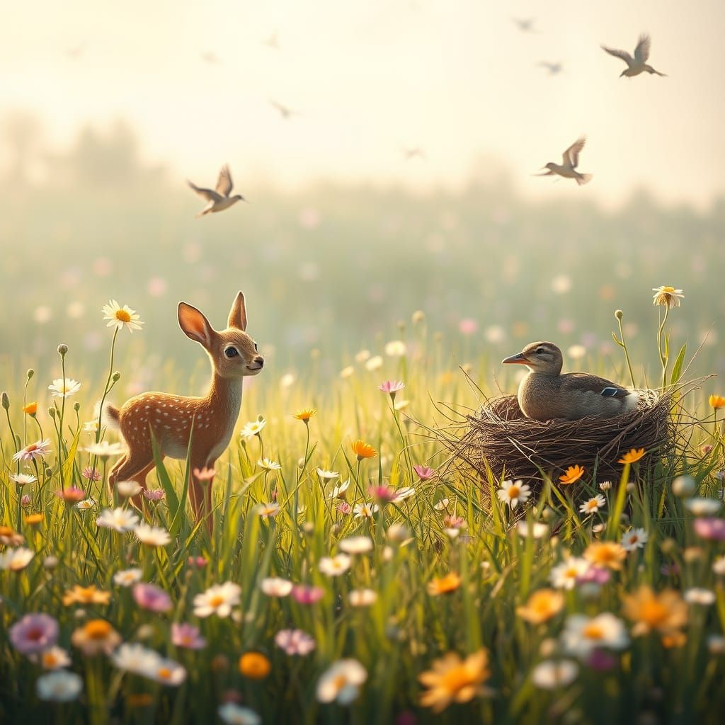 Magical Field in Afternoon Light, Whimsical Wildlife Scene i...