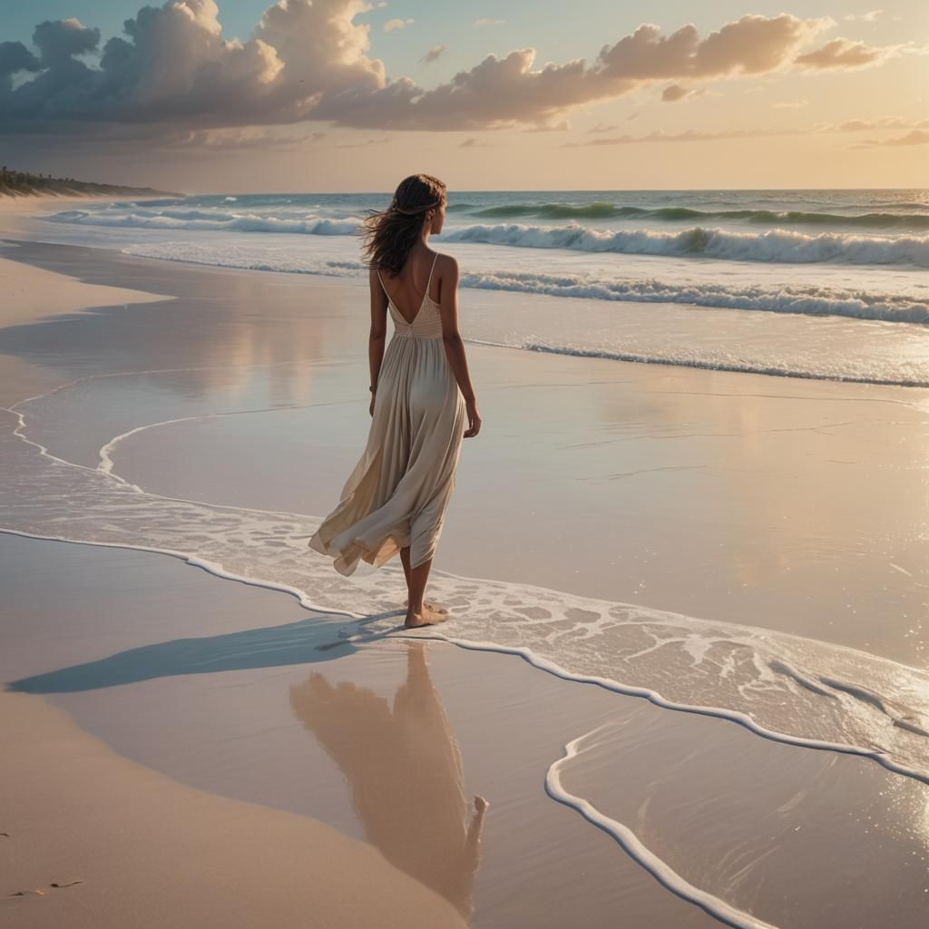 Serene Woman on White Sand Beach: Hyper-Realistic Oil Painti...