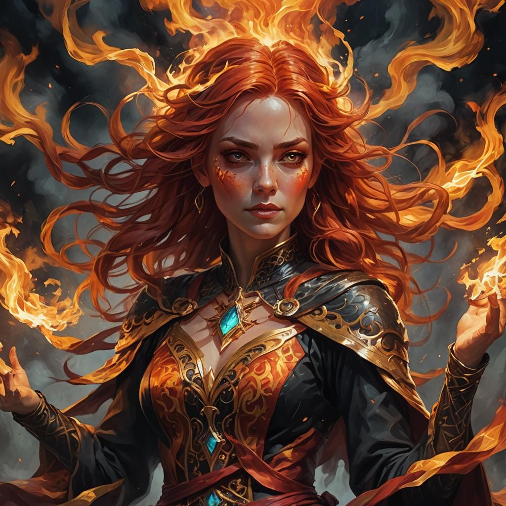 Fiery Female Wizard Concept Art in Oil Painting Style