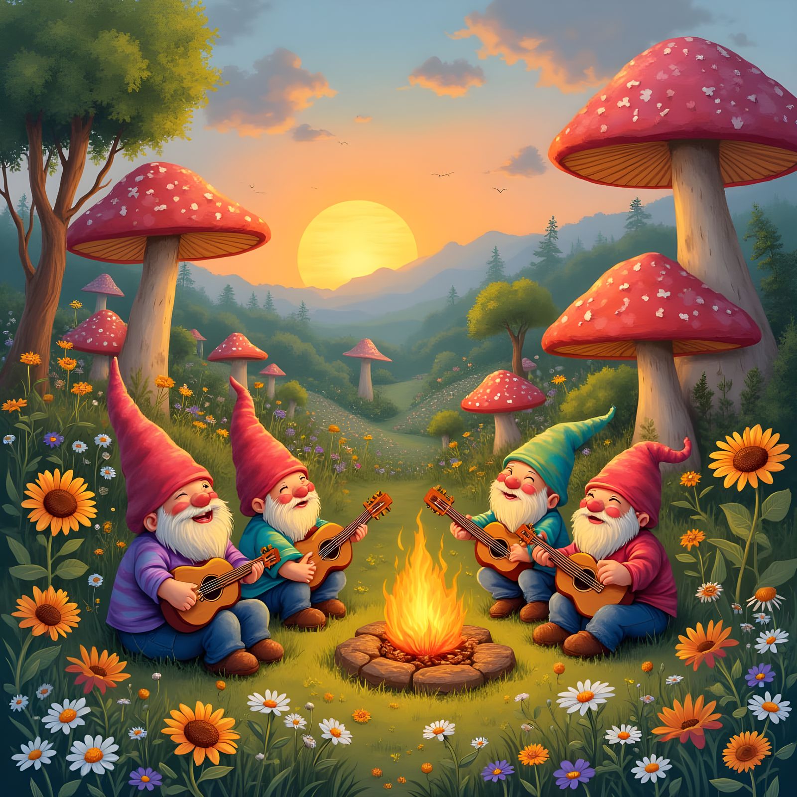 Psychedelic Gnome Village at Sunset, Vintage Illustration
