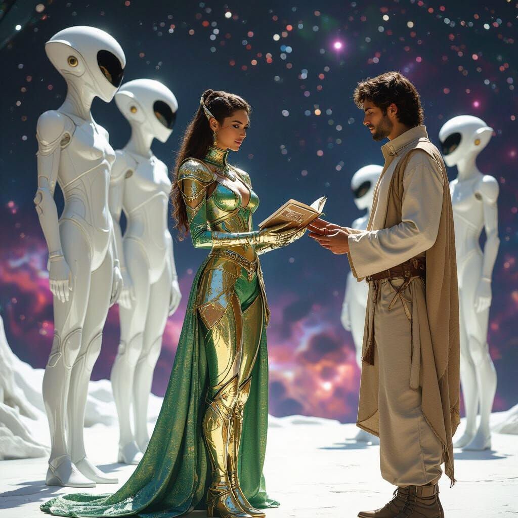 Woman in Metallic Fantasy Outfit Meets Aliens With Earthly M...